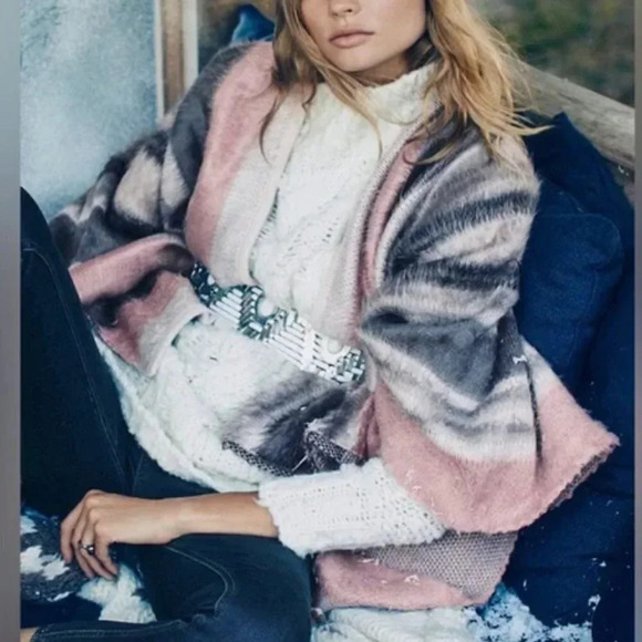 Free People Off Road Ruana Poncho Striped Pink Grey Winter Cozy Wrap - Picture 1 of 5